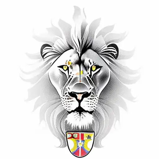 A detailed portrait of a lion wearing the Sport Recife shield and the trophies from the 1987 Brazilian championship and 2008 with the Brazilian Cup title as a crown tattoo design idea