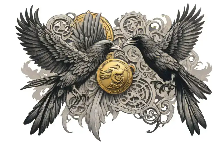 2 ravens chest piece, flying towards eachother, one skeletal one feathered, both holding a gold coin tattoo design idea