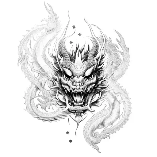 realistic Beautiful burning flowers within a geographic diamond, dragon,  moon background, long delicate hanging chains  tattoo design idea