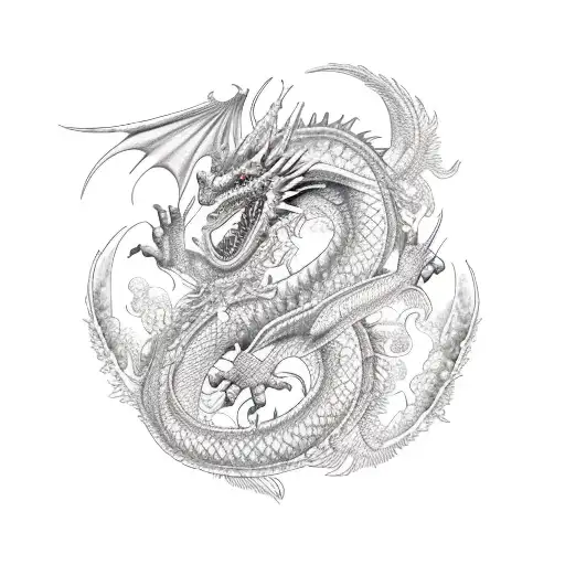Rose, dragon, feathers, burning flowers, moon, clouds tattoo design idea