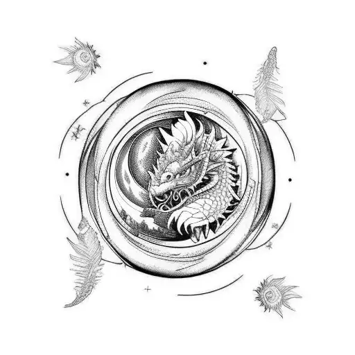 Rose, dragon, feathers, burning flowers, moon, clouds tattoo design idea