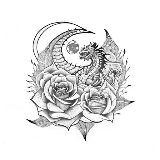 Rose, dragon, feathers, burning flowers, moon, clouds tattoo design idea
