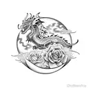 Rose, dragon, feathers, burning flowers, moon, clouds tattoo design idea