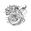Rose, dragon, feathers, burning flowers, moon, clouds tattoo design idea