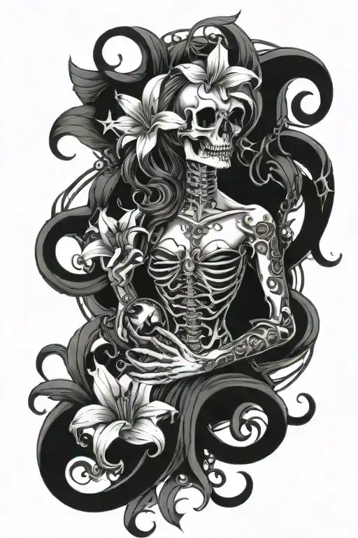 skull lilies dark rider death hourglass woman temptress sorceress passion tattoo design idea