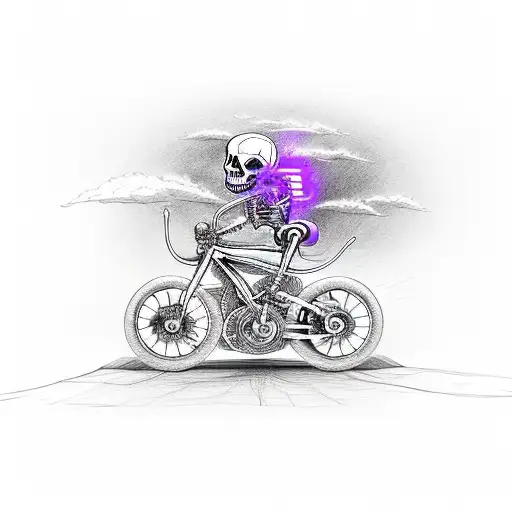 skeleton riding moyorcycle in a purple lightning storm, guns, bicycle, police car, ambulance, crash tattoo design idea