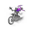 skeleton riding a motorcycle in a purple storm tattoo design idea