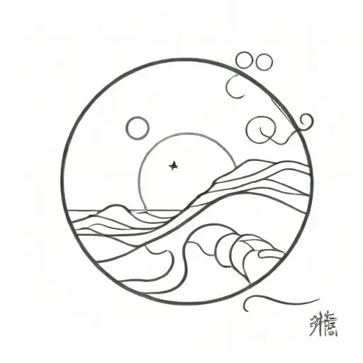 The moon sits minimally over the sea and the waves of the sea are expressed with simple lines. tattoo design idea