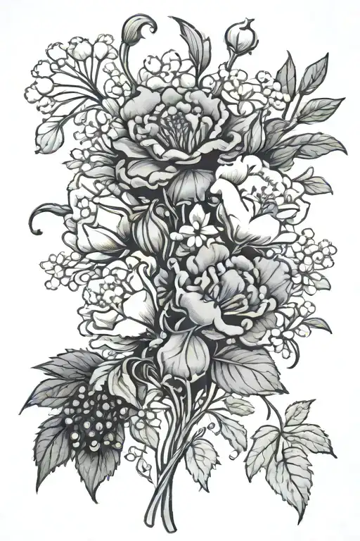 Carnations & the snow drop (Leilani) Lily of the valley  & Common Hawthorne (adrian) Add 2 little strawberries Zodic sig tattoo design idea