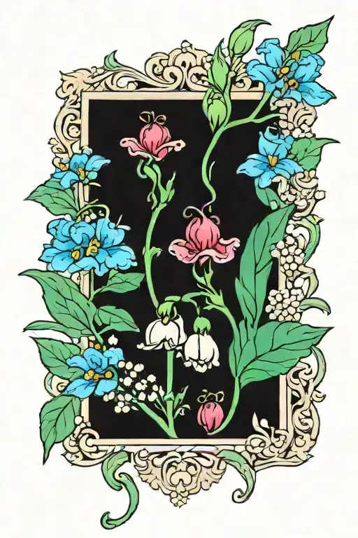 Carnations & the snow drop (Leilani) Lily of the valley  & Common Hawthorne (adrian) Add 2 little strawberries Zodic sig tattoo design idea