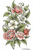 Carnations & the snow drop (Leilani) Lily of the valley  & Common Hawthorne (adrian) Add 2 little strawberries Zodic sig tattoo design idea