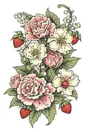 Carnations & the snow drop (Leilani) Lily of the valley  & Common Hawthorne (adrian) Add 2 little strawberries Zodic sig tattoo design idea