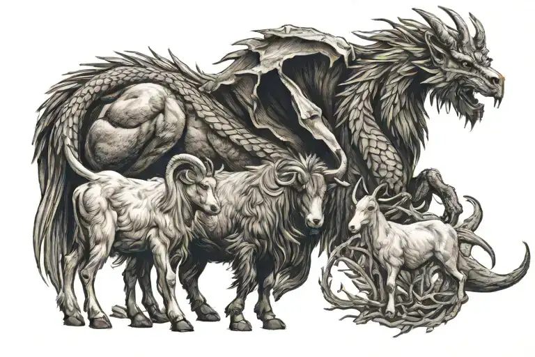 dragon protecting 2 goats, rooster and an ox tattoo design idea