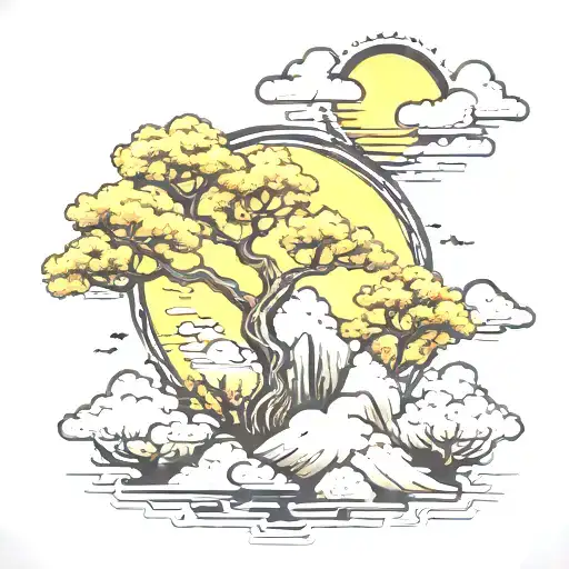 mountain cloud sun oak tree tattoo design idea