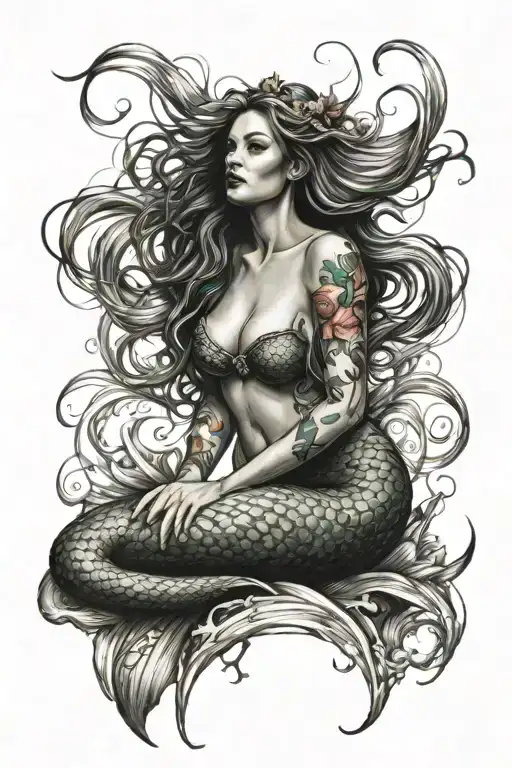 2 siren mermaid sitting tattoo design idea