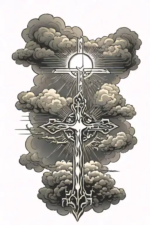 Storm clouds with a cross and sun behind it tattoo design idea