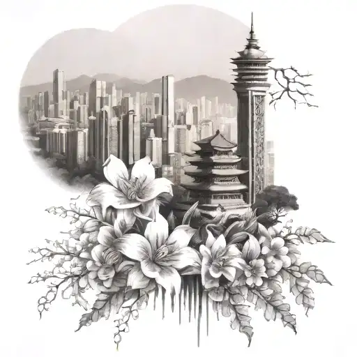 A shoulder piece combining elements of Hong Kong's bustling city life with Scotland's serene landscapes, incorporating delicate flower blossoms and cascading waterfalls tattoo design idea