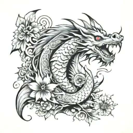 A half sleeve tattoo featuring a mix of traditional Hong Kong and Scottish cultural symbols like dragons and thistles, surrounded by intricate floral patterns and water motifs tattoo design idea