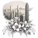 A shoulder piece combining elements of Hong Kong's bustling city life with Scotland's serene landscapes, incorporating delicate flower blossoms and cascading waterfalls tattoo design idea