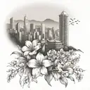 A shoulder piece combining elements of Hong Kong's bustling city life with Scotland's serene landscapes, incorporating delicate flower blossoms and cascading waterfalls tattoo design idea