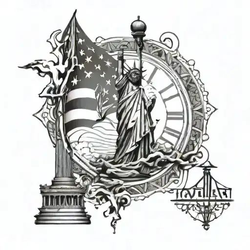 American flag 3 percenter clock roman numeralls Statue of Liberty  tattoo design idea