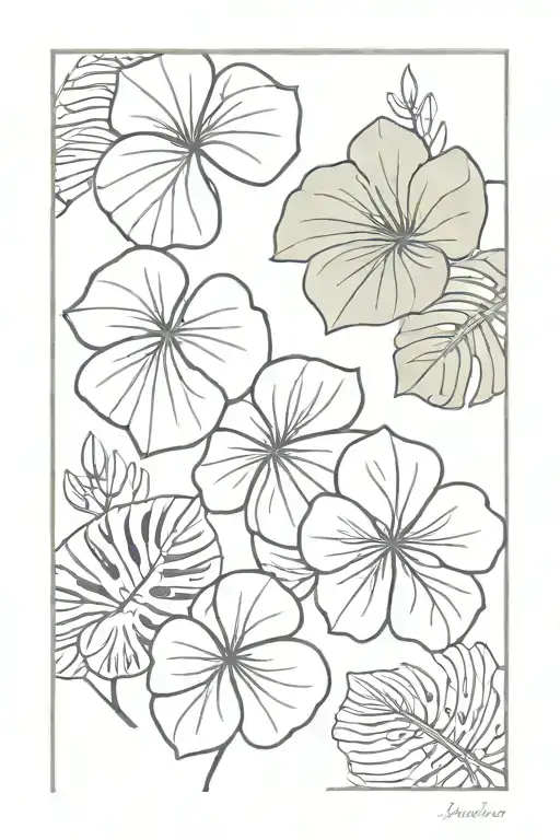 tropical flowers with *monstera* leaves, minimalist linework tattoo design idea