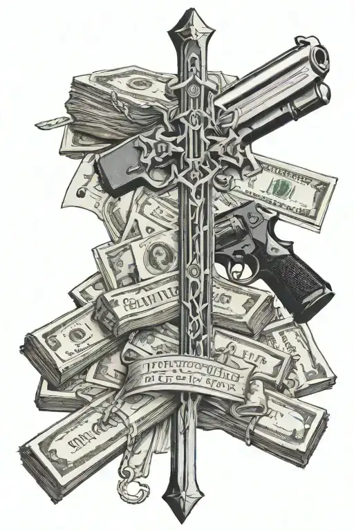 money stacks. qoute family over everything. A christian cross hanging from a gun   tattoo design idea