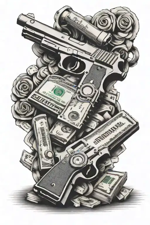 money stacks and a gun with the qoute family over everything on top of the image  tattoo design idea