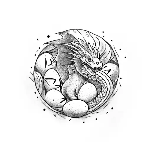 Dragon, in cave, guarding eggs tattoo design idea