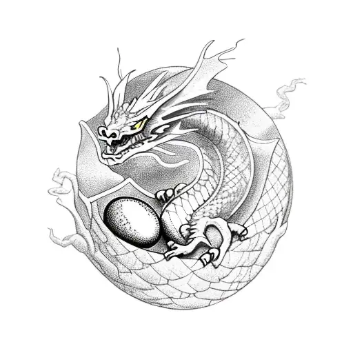 Dragon, in cave, guarding eggs,  tattoo design idea