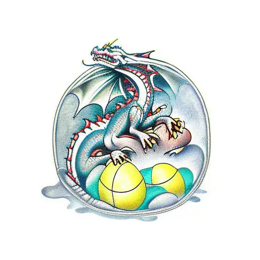Dragon, in cave, guarding eggs tattoo design idea