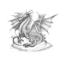 Dragon, in cave, guarding eggs tattoo design idea