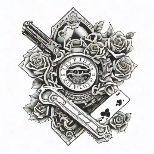 generate a sleeve tattoo containing guns roses and cards  tattoo design idea