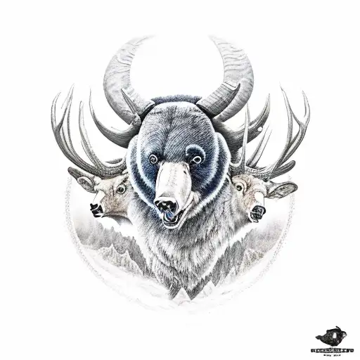 a black bear head growling, a Rocky Mountain bighorn sheep head turned in a fight position, a white tailed deer head tattoo design idea