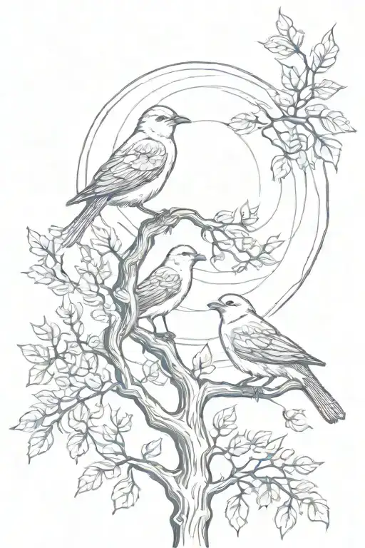 3 birds in a tree with sky and sun  tattoo design idea