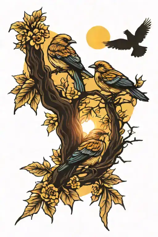 3 birds in a tree with sky and sun  tattoo design idea