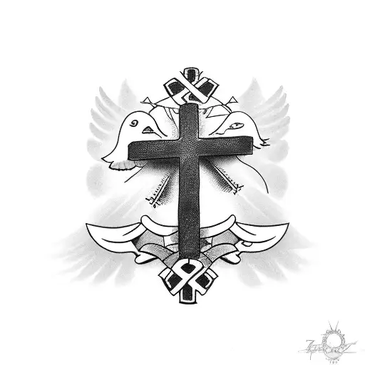 a simple rememberance tattoo  featuring a cross, a dove and the letter SKS in bold font tattoo design idea