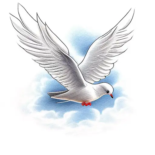 Dove with bible lettering in front of clouds tattoo design idea