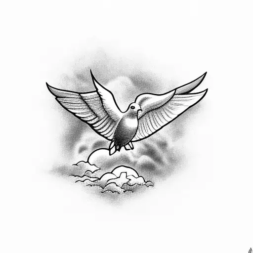 Dove with bible lettering in front of clouds tattoo design idea