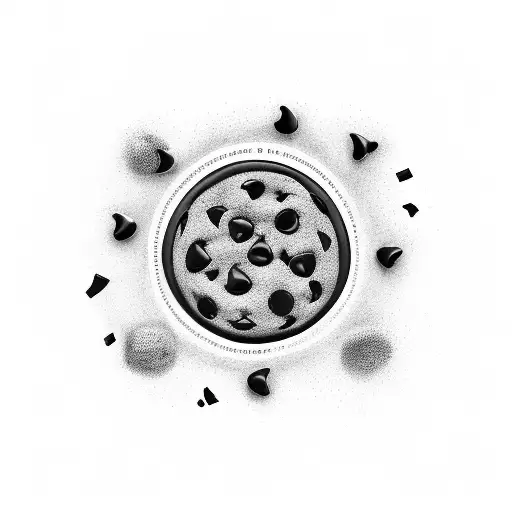 A chocolate chip cookie with a bite taken out of it, surrounded by swirling patterns tattoo design idea