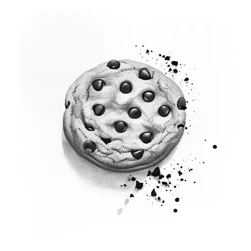 A realistic black and  grey tattoo of a chocolate chip cookie with melting chocolate lettering in the middle tattoo design idea