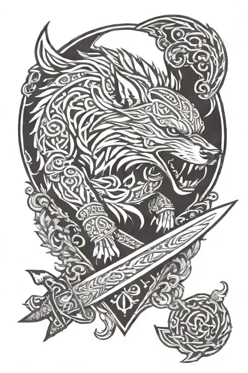 viking sword and fenrir viking norse wolf tattoo design idea