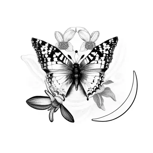red admiral butterfly, orange blossom branch, crescent moon, floating head, open hand tattoo design idea