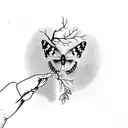 hand suspending head orange branch growing out of the pointer finger red admiral butterfly on branch moon in background tattoo design idea