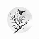 hand suspending head orange branch growing out of the pointer finger red admiral butterfly on branch moon in background tattoo design idea