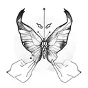 hand suspending head orange branch growing out of the pointer finger red admiral butterfly on branch moon in background tattoo design idea