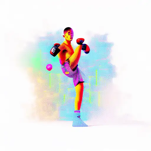 A kickboxer surrounded by pixelated smoke and neon lights tattoo design idea