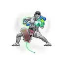 A kickboxer surrounded by pixelated smoke and neon lights tattoo design idea