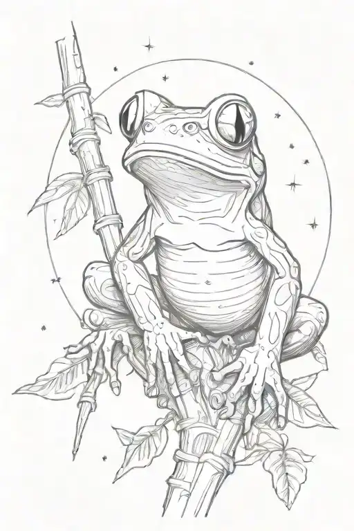 A red eyed tree frog looking at the planets in the galaxy. While climbing a bamboo tree. tattoo design idea