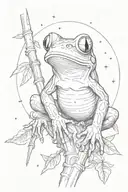 A red eyed tree frog looking at the planets in the galaxy. While climbing a bamboo tree. tattoo design idea